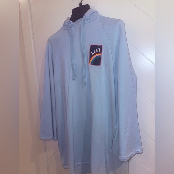 Lazy Oaf OVER THE RAINBOW HOODIE DRESS pockets sky blue plush fleece NWOT - Picture 2 of 11